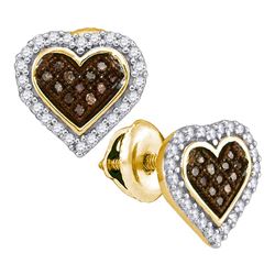 0.25 CTW Cognac-brown Color Diamond Heart Cluster Earrings 10KT Yellow Gold - REF-18N2F