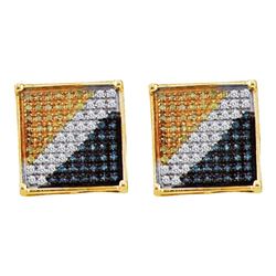 0.05 CTW Mens Blue Yellow Color Diamond Square Cluster Earrings 10KT Yellow Gold - REF-6Y6X