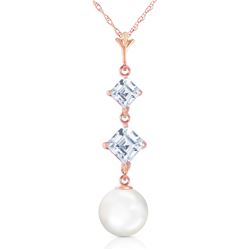 Genuine 3.25 ctw Pearl & Aquamarine Necklace Jewelry 14KT Rose Gold - REF-26M6T