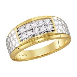 0.55 CTW Mens Diamond Cluster Hammered Wedding Ring 10KT Two-tone Gold - REF-52M4H