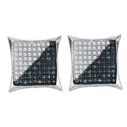 0.11 CTW Mens Blue Color Diamond Square Kite Cluster Earrings 10KT White Gold - REF-8W9K