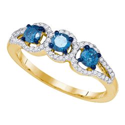 0.65 CTW Blue Color Diamond 3-stone Bridal Ring 10KT Yellow Gold - REF-37H5M