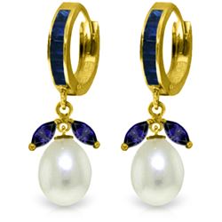 Genuine 10.30 ctw Sapphire & Pearl Earrings Jewelry 14KT Yellow Gold - REF-60Z3N
