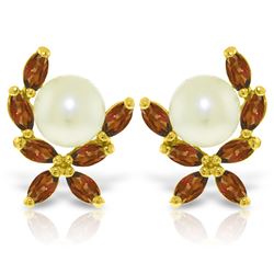 Genuine 3.25 ctw Pearl & Garnet Earrings Jewelry 14KT Yellow Gold - REF-30H2X