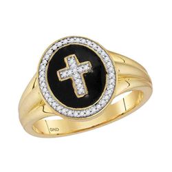 0.15 CTW Mens Diamond Cross Crucifix Fashion Ring 10KT Yellow Gold - REF-34H4M