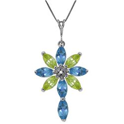 Genuine 2.0 ctw Blue Topaz, Peridot & Diamond Necklace Jewelry 14KT White Gold - REF-47X4M