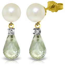 Genuine 6.6 ctw Green Amethyst, Pearl & Diamond Earrings Jewelry 14KT Yellow Gold - REF-27Y6F