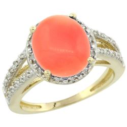 Natural 3.42 ctw Coral & Diamond Engagement Ring 10K Yellow Gold - REF-35H3W