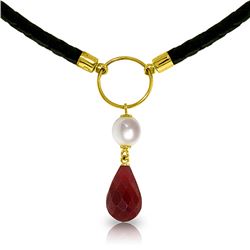 Genuine 10.80 ctw Ruby & Pearl Necklace Jewelry 14KT Yellow Gold - REF-64K4V