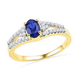 1.03 CTW Oval Created Blue Sapphire Solitaire Diamond Ring 10KT Yellow Gold - REF-19X4Y