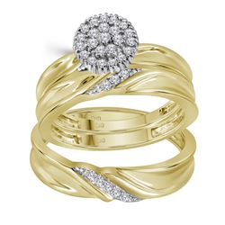 0.25 CTW Diamond His & Hers Matching Trio Engagement Bridal Ring 10KT Yellow Gold - REF-44M9H