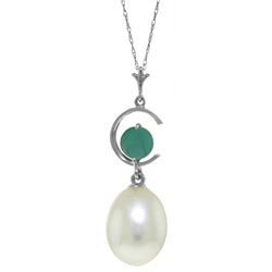 Genuine 4.5 ctw Pearl & Emerald Necklace Jewelry 14KT White Gold - REF-22Z2N