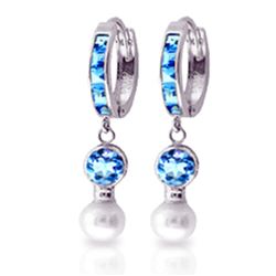 Genuine 4.3 ctw Blue Topaz & Pearl Earrings Jewelry 14KT White Gold - REF-48N3R