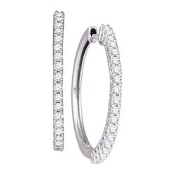 1 CTW Pave-set Diamond Single Row Hoop Earrings 14KT White Gold - REF-104F9N