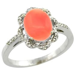 Natural 2.09 ctw Coral & Diamond Engagement Ring 14K White Gold - REF-37F3N