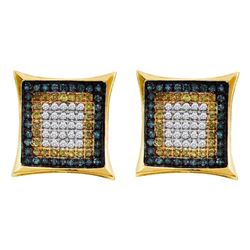 0.33 CTW Mens Yellow Blue Color Diamond Square Cluster Earrings 10KT Yellow Gold - REF-14F9N