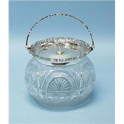 An English cut crystal cookie jar with sterli...