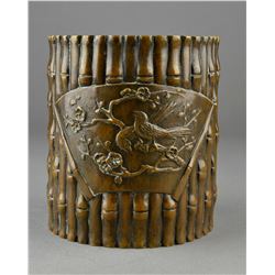 Chinese Bronze Bamboo Form Brush Pot Kangxi