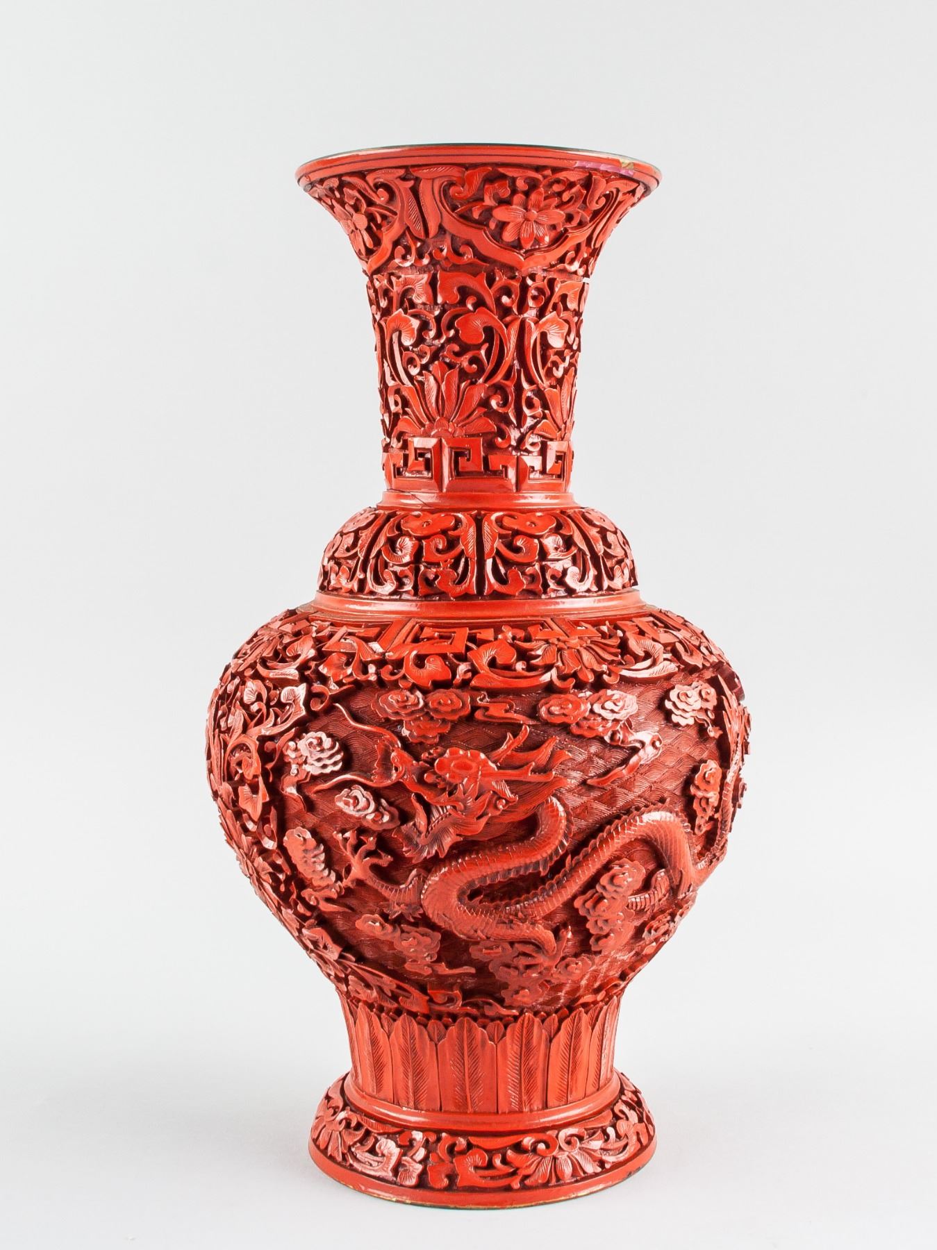 Chinese Red Cinnabar Lacquer Dragon Vase Chipped