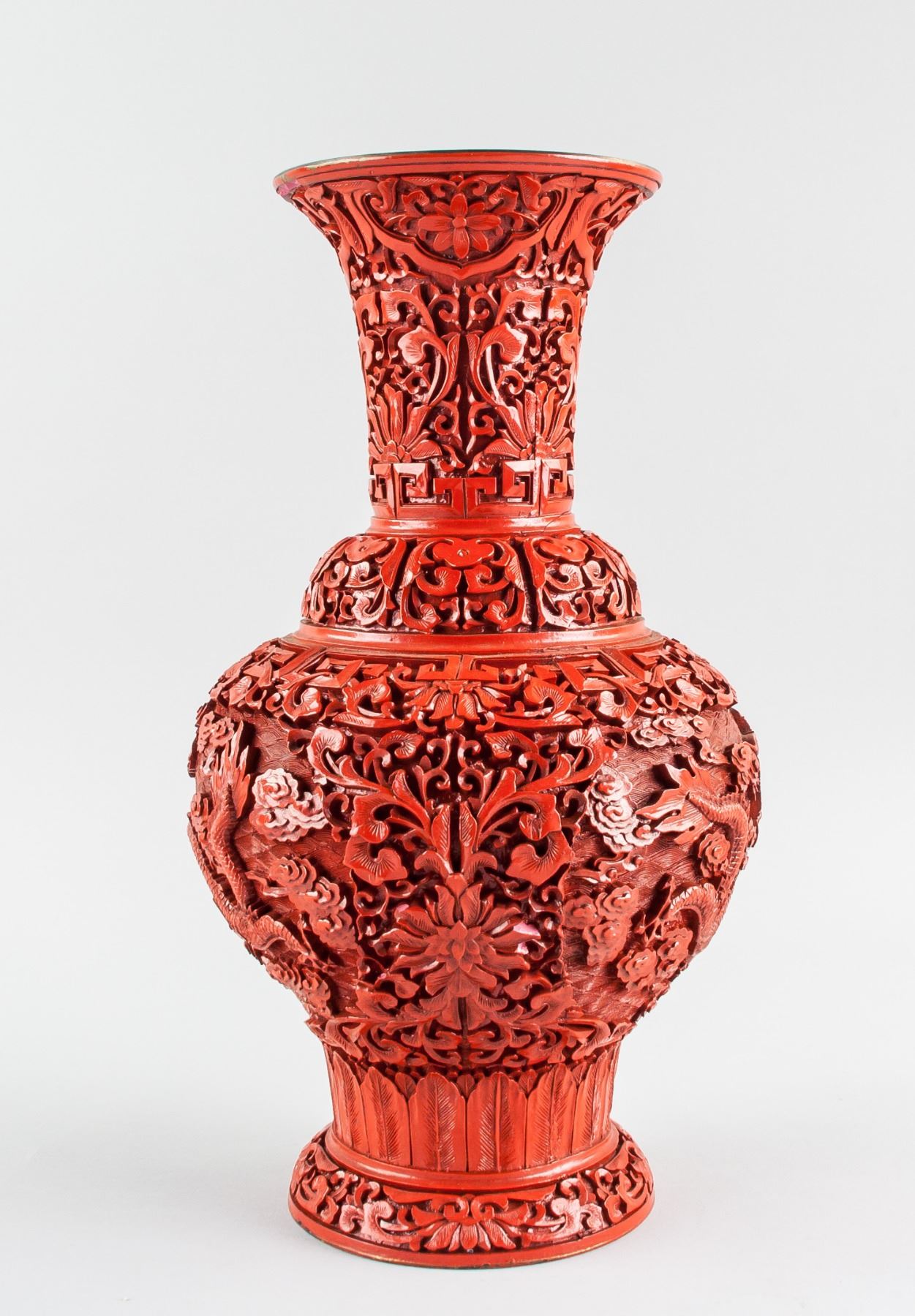Chinese Red Cinnabar Lacquer Dragon Vase Chipped