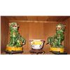 Image 1 : Vintage Green Ceramic Fu Dogs on Stands (10" H), Japanese Bowl