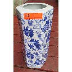 Tall Blue & White Hexagonal Vessel, 17.5" H