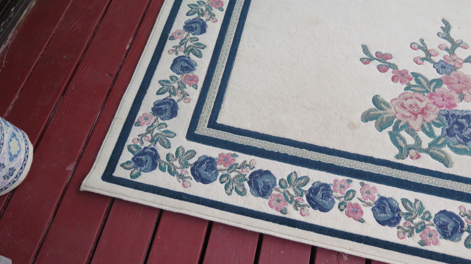 Large Wool Area Rug - Ivory w/Blue & Floral Border, 7'10 X 5'3