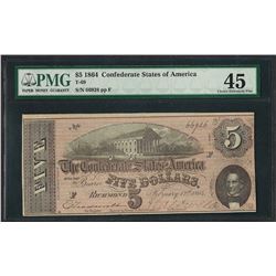 1864 $5 Confederate States of America Note T-69 PMG Choice Extremely Fine 45