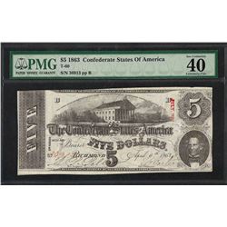 1863 $5 Confederate State of America Note T-60 PMG Extremely Fine 40