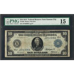 1914 $10 Federal Reserve Note Kansas City Fr.940 PMG Choice Fine 15