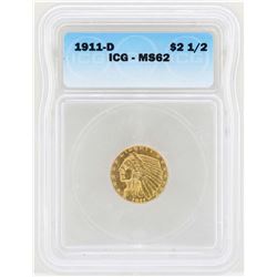 1911-D $2 1/2 Indian Head Quarter Eagle Gold Coin ICG MS62