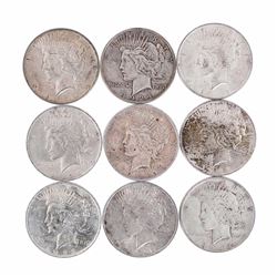 Lot of (9) $1 Peace Silver Dollar Coins