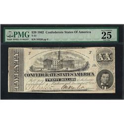 1862 $20 Confederate States of America Note T-51 PMG Very Fine 25 Canceled