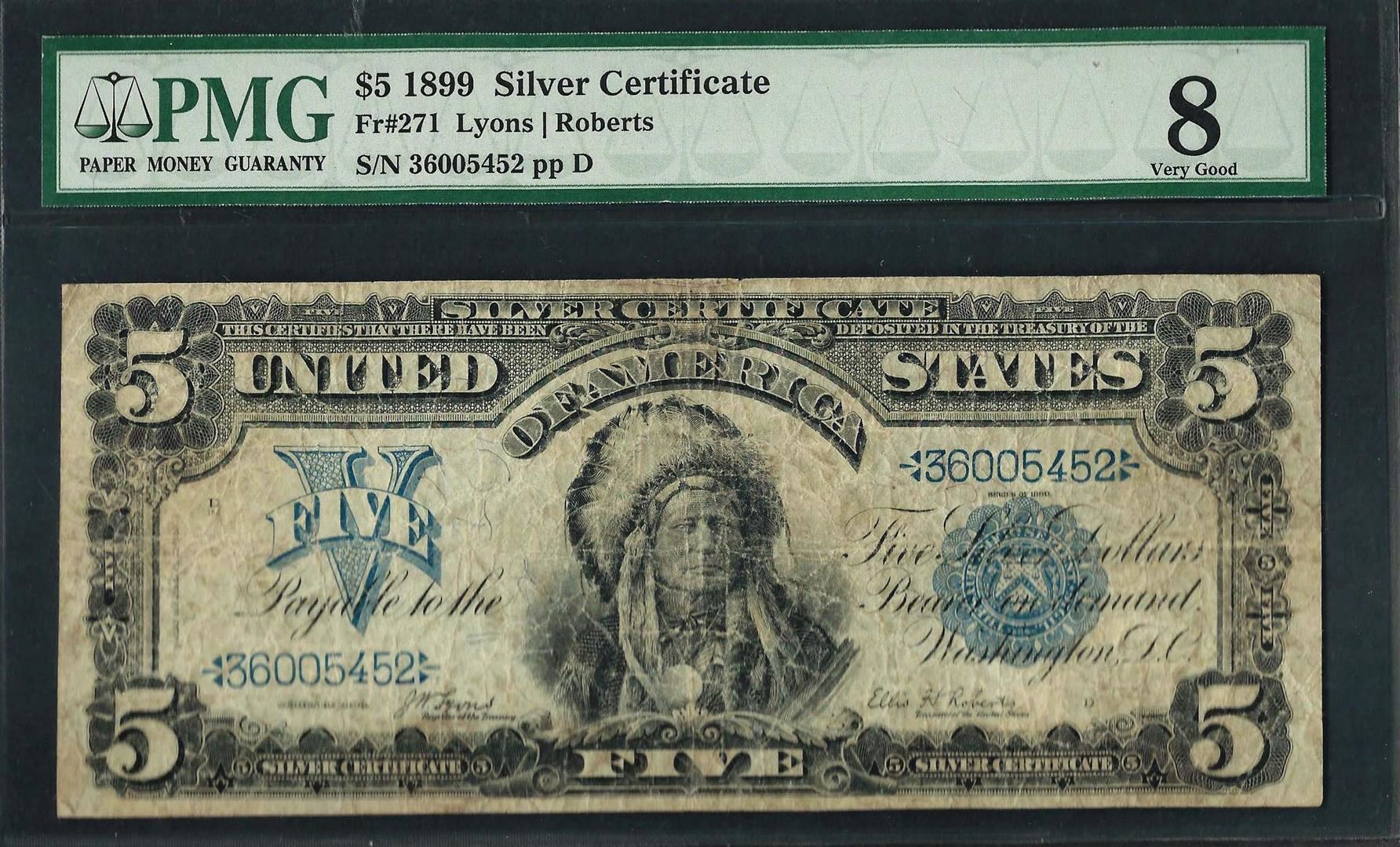 Indian Silver Notes 1899 $5 Indian Chief Silver Certificate Note Fr.271 PMG Very Good 8