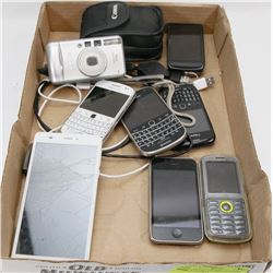 BOX OF CELL PHONES, CHARGERS  AND CAMERAS
