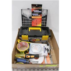 BOX W/NEW ITEMS INCL. SMALL UTILITY TOOL