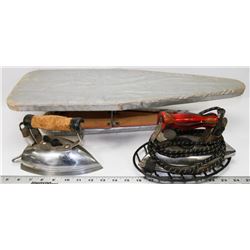 2 VINTAGE IRONS WITH METAL TRAY AND SMALL IRONING