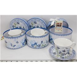 LOT OF 3 NEW TEA CUP & SAUCER SETS - BLUE WITH