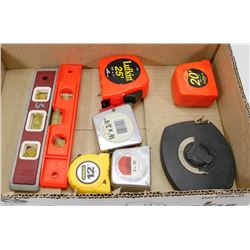 BOX W/ 6 TAPE MEASURERS & 2 LEVELS