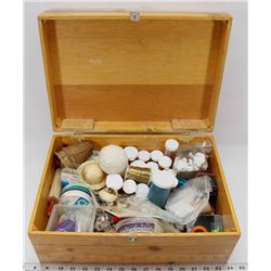 WOODEN BOX WITH ASSORTMENT OF CRAFT SUPPLIES.