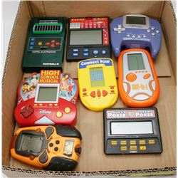BOX W/ 8 VINTAGE HANDHELD VIDEO GAMES
