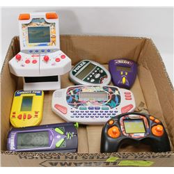 BOX W/ 7 VINTAGE HANDHELD VIDEO GAMES