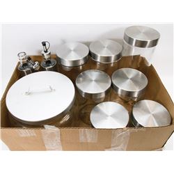 BOX OF GLASS & STAINLESS STORAGE JARS