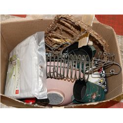 LARGE BOX OF HOUSEHOLD INCL FABRIC SHOE RACKS