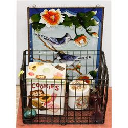 METAL FOLD UP BASKET 13.5"X8"X9" WITH GLASS ETCHED