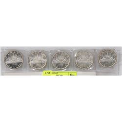 5 VARIATIONS OF 1965 CANADIAN SILVER DOLLAR.