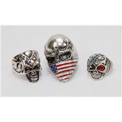 LOT OF 3 MENS SKULL BIKER RINGS