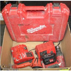 BOX OF MISC MILWAUKEE TOOLS & CHARGERS