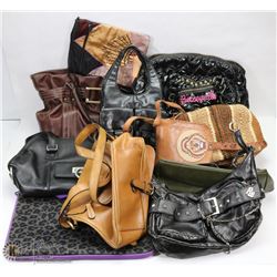 LARGE BOX W/10 PURSES (MOSTLY LEATHER)