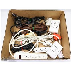 BOX W/HOUSEHOLD CORDS, MULTI-PLUGS,